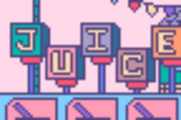 A pixel art sign reading JUICE with soft, blurry edges