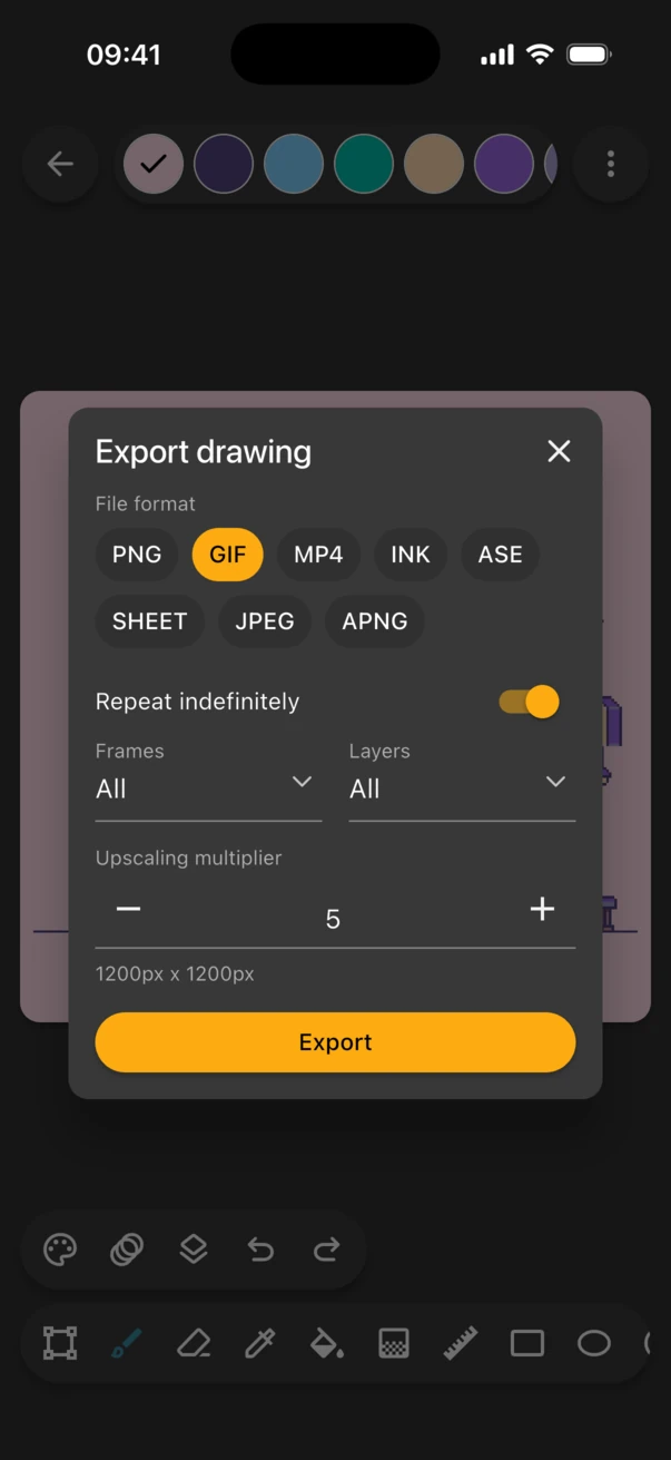 Export drawing dialog with GIF selected, Repeat indefinitely on and the multiplier at 5