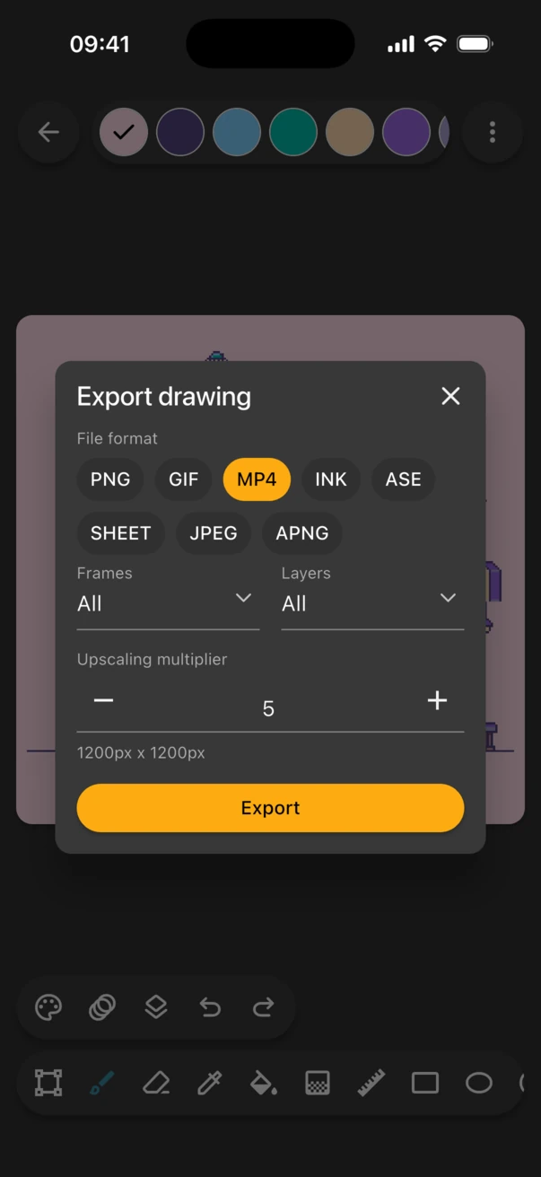 Export drawing dialog with MP4 selected and the multiplier at 5