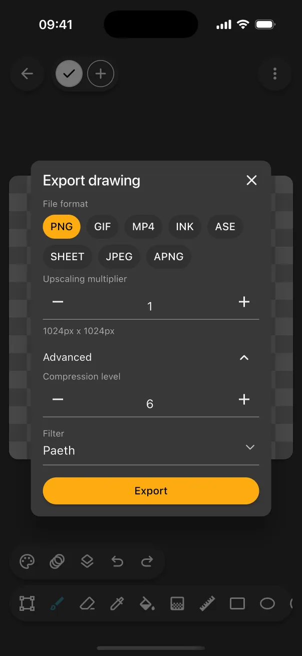 The old export drawing dialog with Advanced open, showing compression level 6 and the Paeth filter