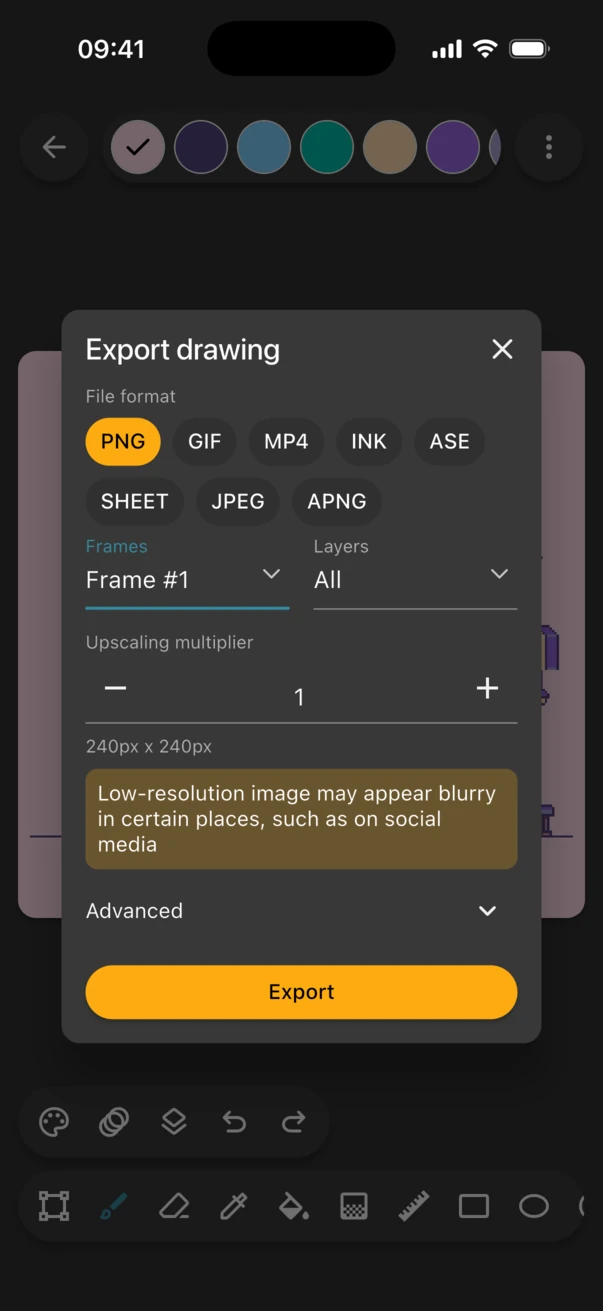 Export drawing dialog with the upscaling multiplier at 1 and a low-resolution warning