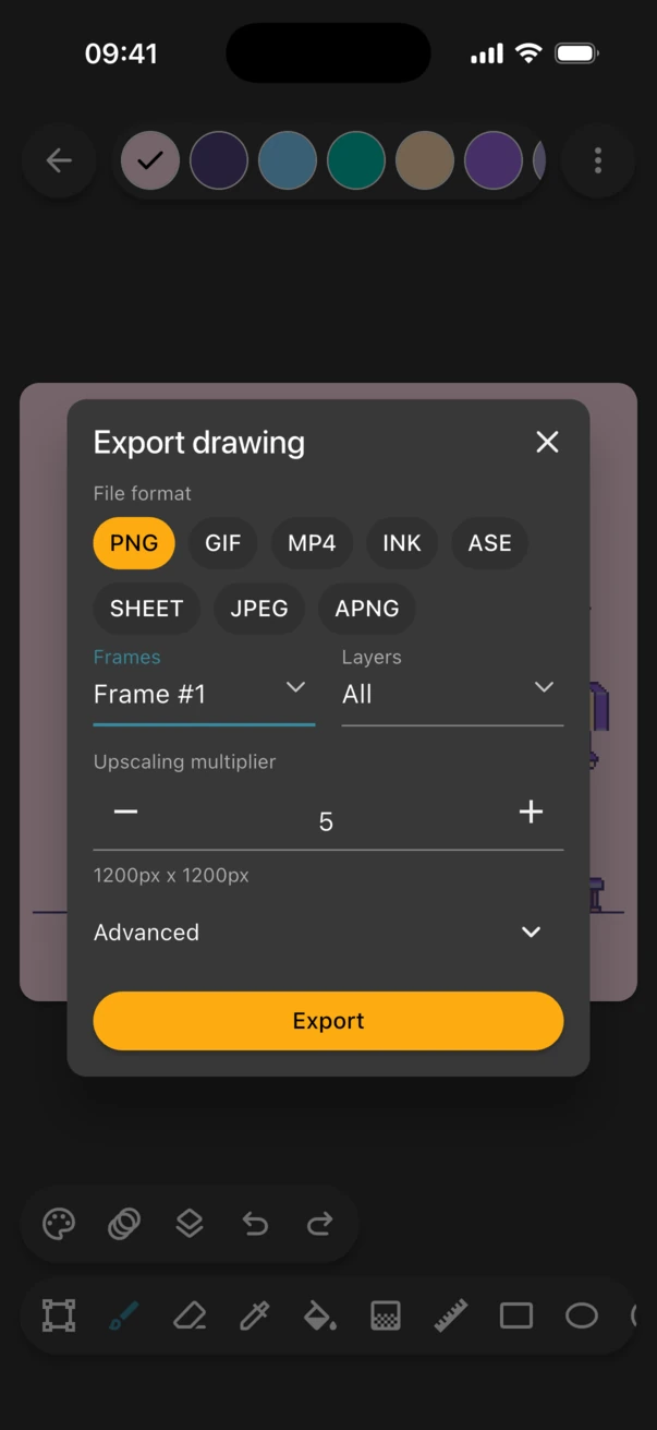Export drawing dialog with the upscaling multiplier at 5, exporting 1200 by 1200 pixels