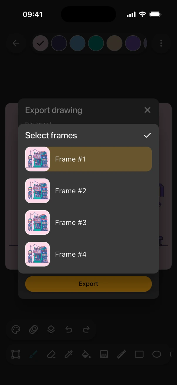 Select frames list with Frame #1 selected and frames 2 to 4 not selected