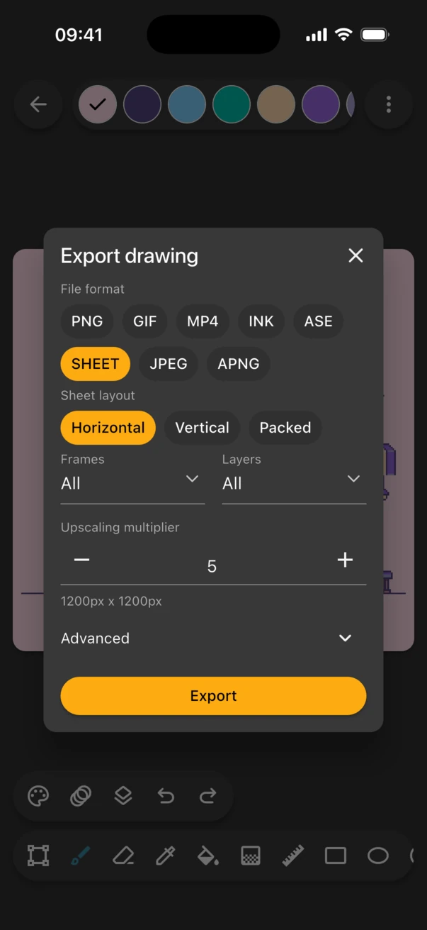 Export drawing dialog with SHEET selected and the Horizontal, Vertical and Packed layouts