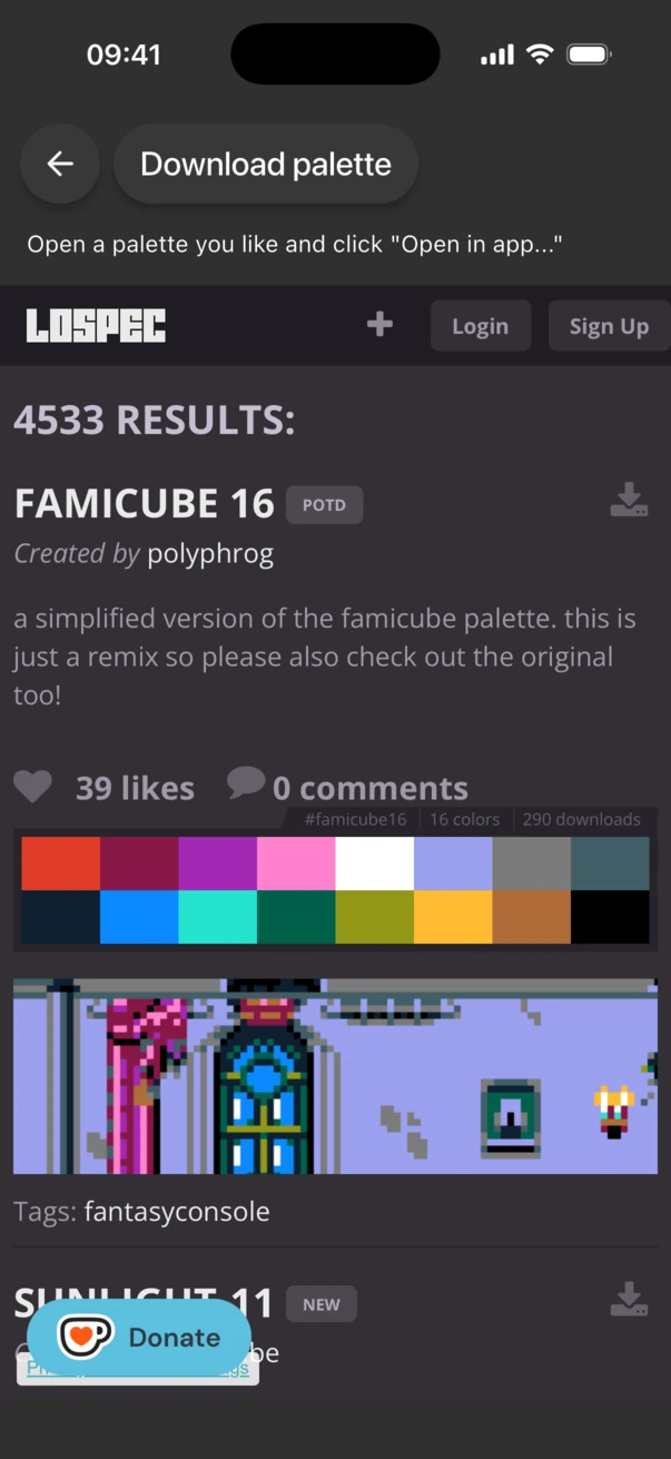 Lospec palette list inside Inktica, showing the famicube 16 palette and its download button