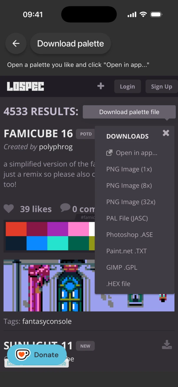 The Downloads menu of a Lospec palette with Open in app at the top