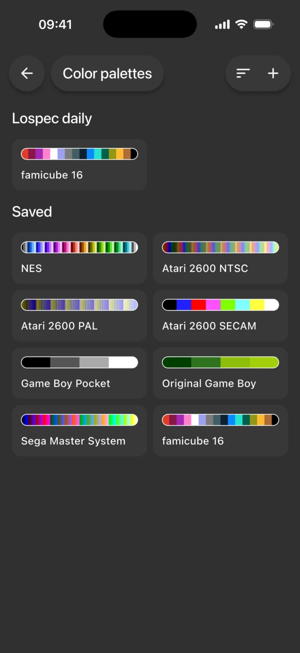 Color palettes screen with the downloaded famicube 16 palette under Saved