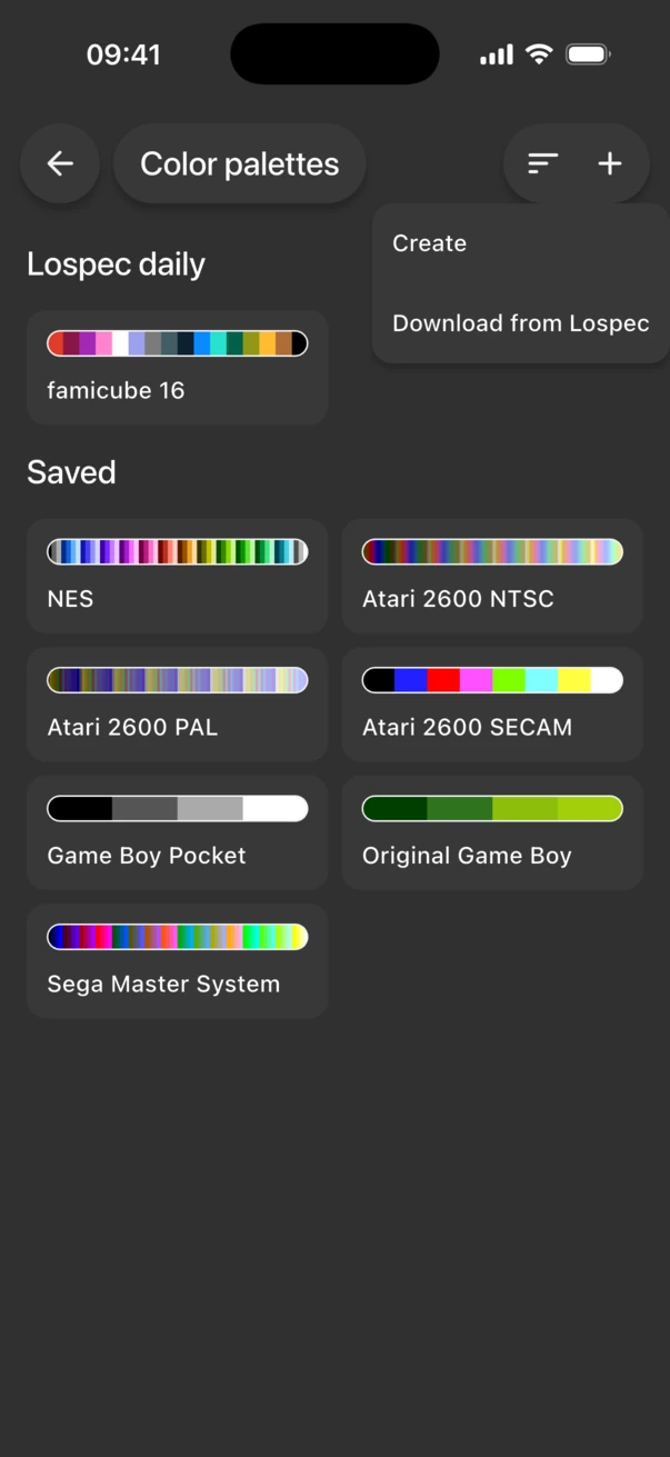 Color palettes screen with the add menu open, showing Create and Download from Lospec