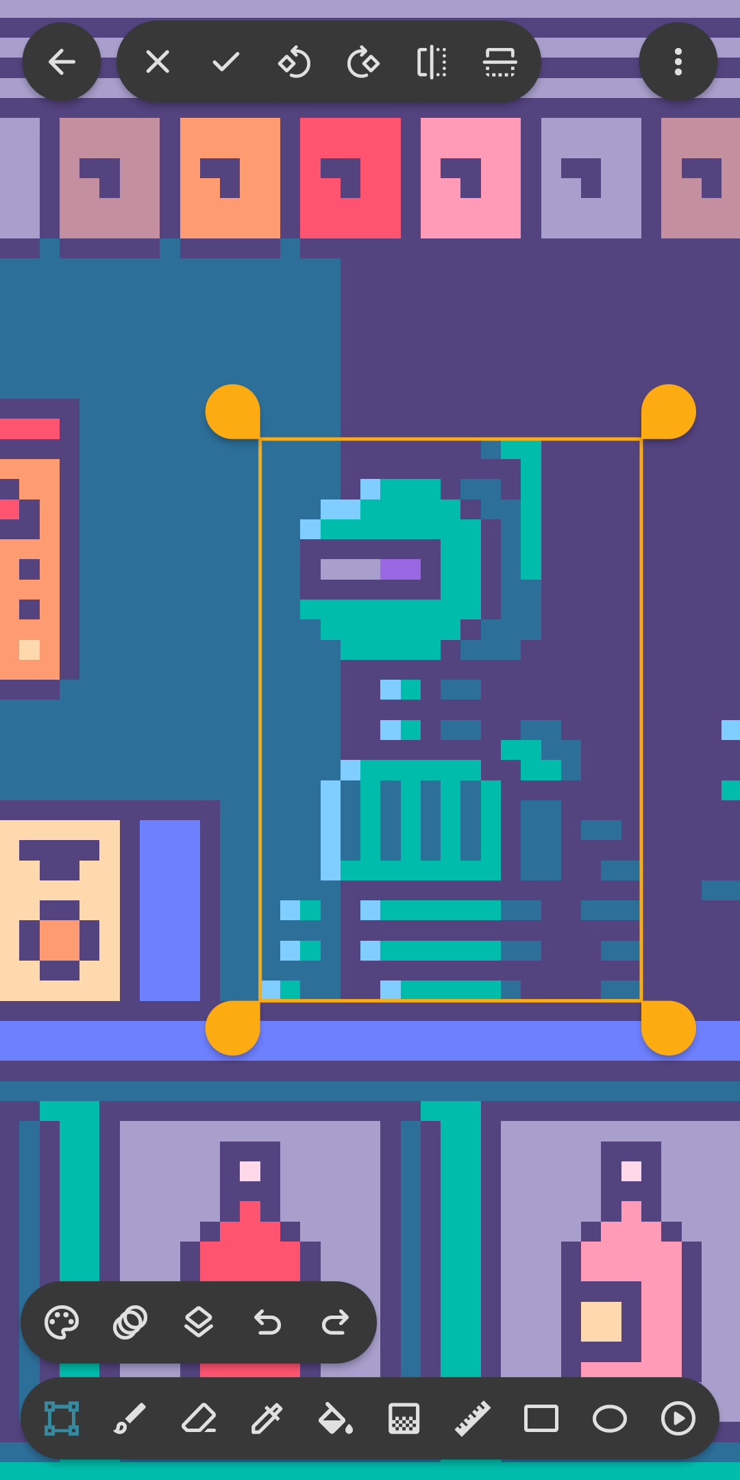 Inktica on a phone: moving a selection on a zoomed-in pixel-art canvas