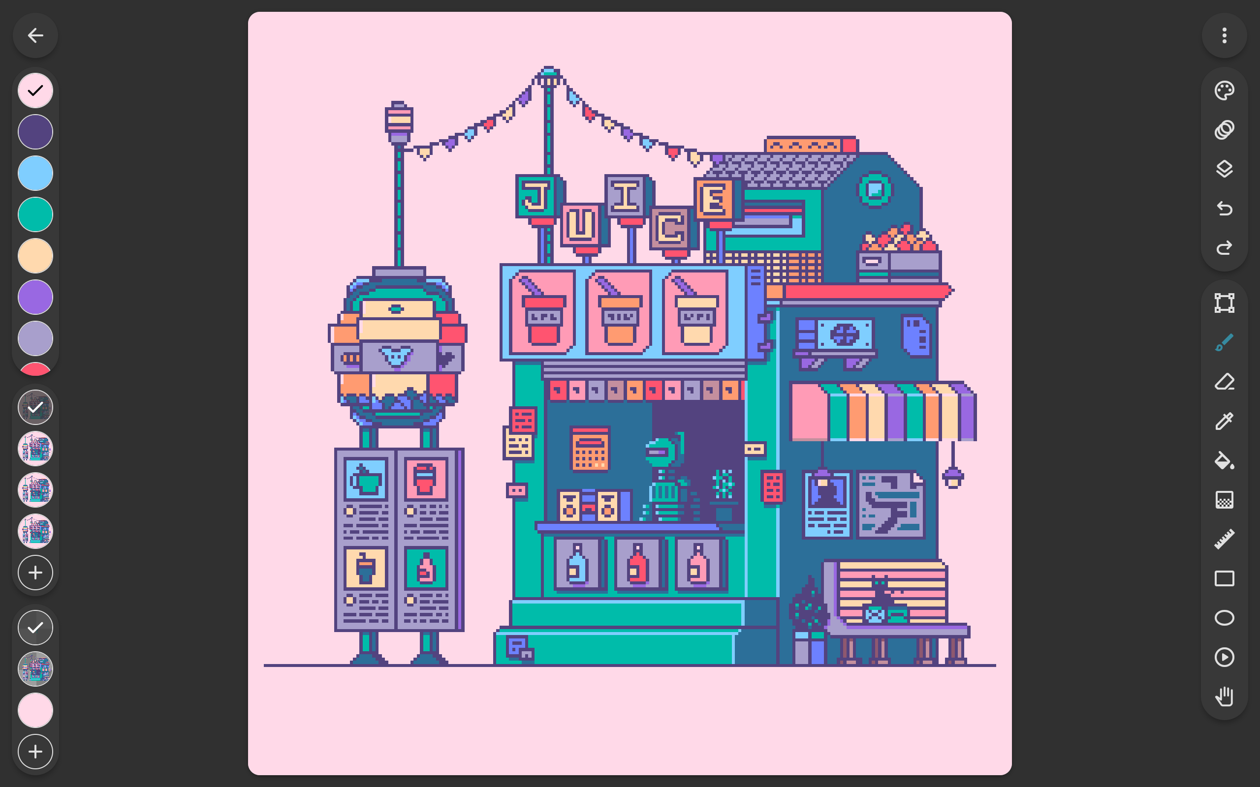 Inktica on a tablet: a pixel-art juice stand with the colour, layer and tool bars around the canvas